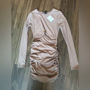 Forever 21 Tan Long Sleeve Ruched Dress